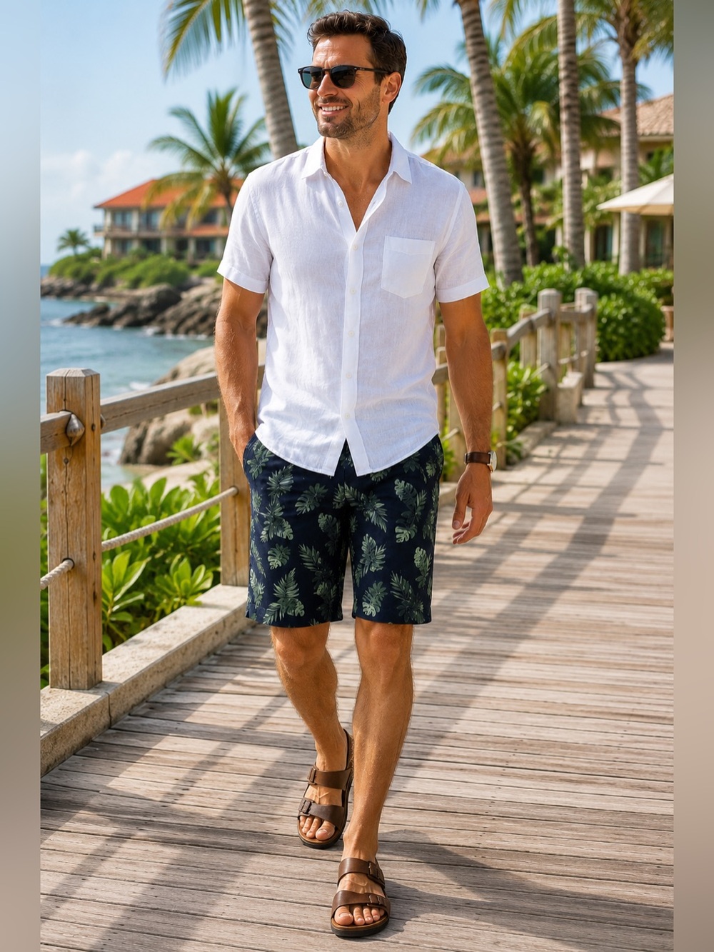 JACHS NY Bleecker Shorts Mens 44 Navy Tropical Leaf Stretch Twill 9" Chino